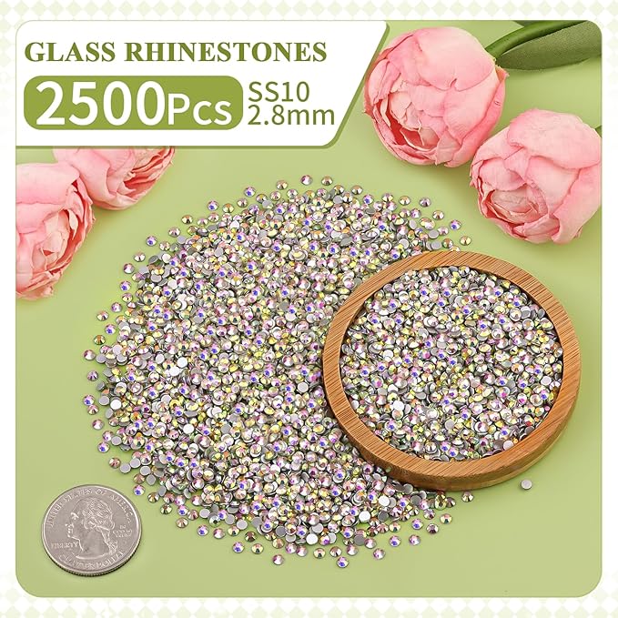 2500PCS SS10/2.8mm Crystal Rhinestones (Crystal AB), Bedazzling Flatback Glass Rhinestones for Crafting, Gems Diomand Charms for Tumbler Shoes Clothing Mugs Nail Art