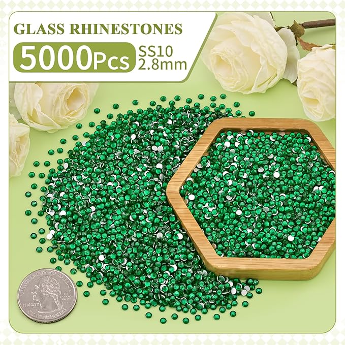5000PCS SS10/2.8mm Crystal Rhinestones (Emerald Green) with 2Pcs 10ml B7000 Jewelry Glue, Bedazzling Flatback Glass Rhinestones for Crafting, Gems Diomand Charms for Tumbler Shoes Clothing Nail Art