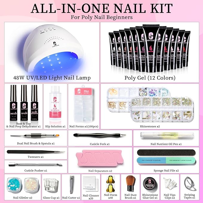 Clara Colors Poly Gel Nail Kit, 12 Colors Poly Kit All In One Poly Nail Gel Starter Kit withTools for Nail Art DIY at Home and Salon