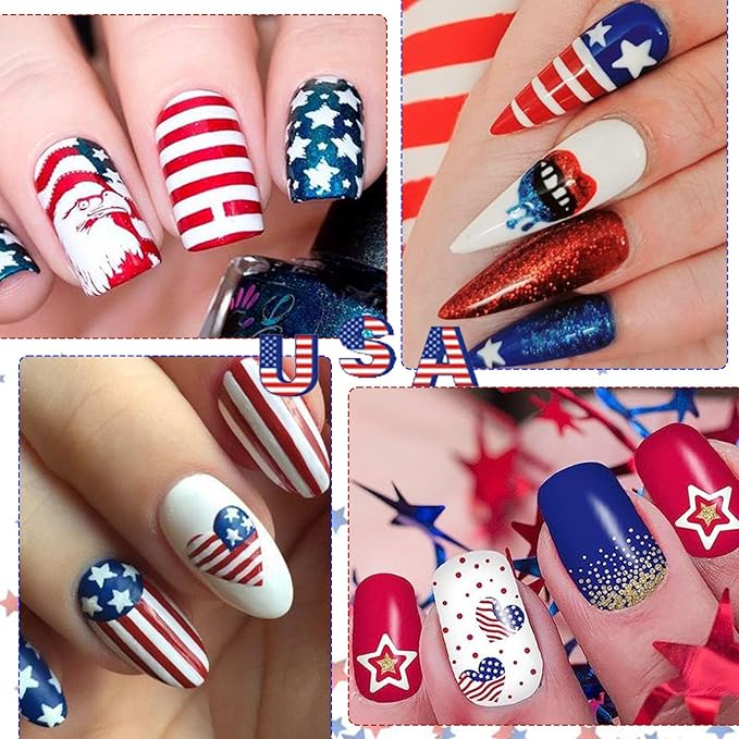 12 Sheets 4th of July Nail Stickers, USA Independence Day Patriotic Nail Decals, 3D Design Self-Adhesive Memorial Day Flag Star Nail Art