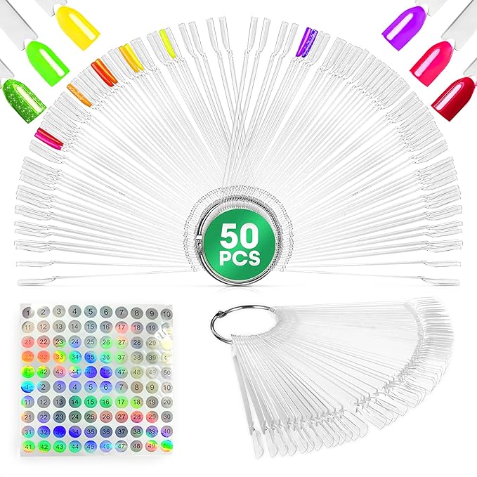 50 Pcs Clear Nail Swatch Sticks - Transparent Acrylic Swatches for Gel Polish - Practical Tools for Color Matching with Numbered Tips & Metal Ring | Works with Charms and Nail Art Striping Tape Lines