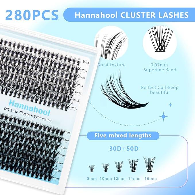 10Rows,Large Pack Grafting Mixed 10-12-14-16mm/14-16-18mm/12-14-16mm Wide Stem Cluster Eyelashes D Curl Individual False Eyelashes Home DIY Eye Lashes Extensions (30D+50D-8-16MM Kit)