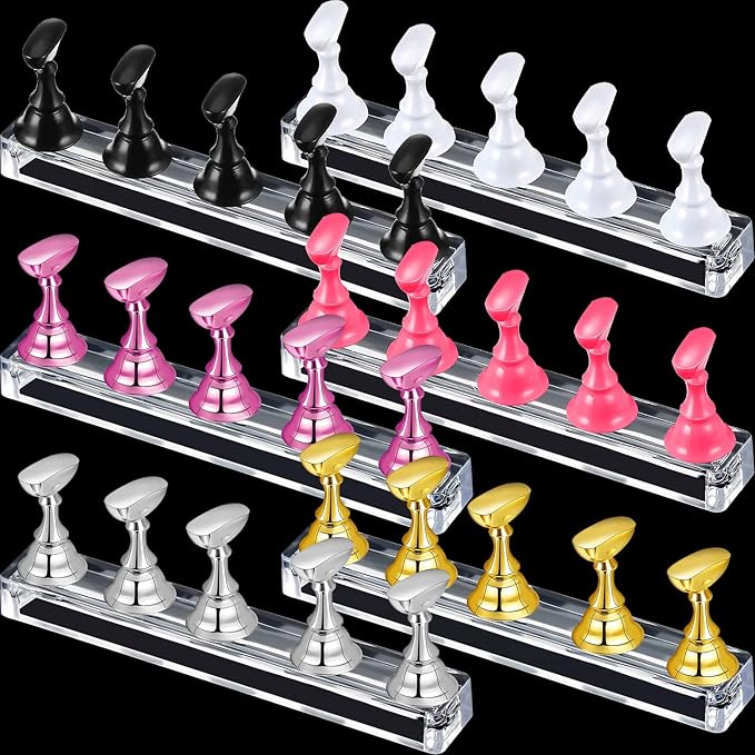 6 Sets Magnetic Nail Tip Display Holder Acrylic Display Stand Nail Tip Practice Art Training Stand for DIY Manicure Fingernail Salon(Gold, Silver, Light Pink, Black, White, Pink)