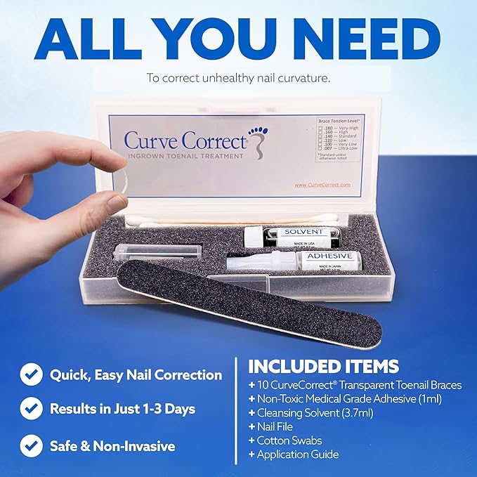 CurveCorrect® Ingrown Toenail Treatment Kit - Ingrown Toenail Corrector Kit with 10 Braces - at Home Ingrown Toenail Correction - Big Toe Ingrown Nail Removal