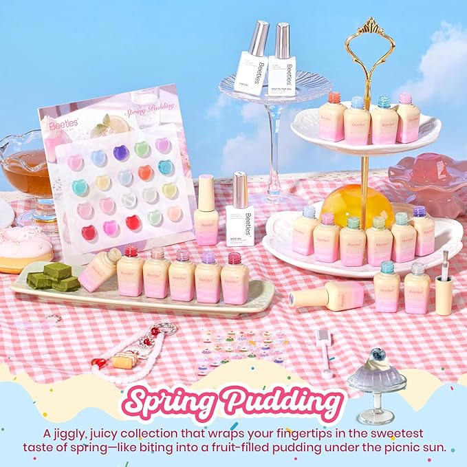 Beetles Spring Pudding Jelly Gel Nail Polish Set - 28PCS 20 Colors Jelly Pink Purple Red Blue Green Glitter Silver Cat Eye Base Glossy Matte Top Coat French Nails Gift Manicure for Women