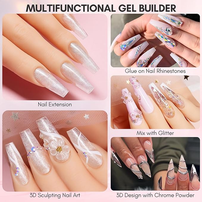 Makartt 3D Nail Gel Art Kit: 4 Colors 3D Sculpting DIY Manicure Solid Gel Builder Clear and Shimmers for Extension, Molding Adhesive Glue Rhinestone Hard Gels No Wipe Chrome DIY Salon Home