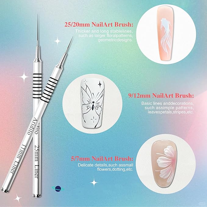 6Pcs Silver Metal Handle Nail Art Liner Brushes Set for Long Lines, Fine Details Painting Gel Nail Brush Drawing Sizes 5/7/9/11/20/25mm