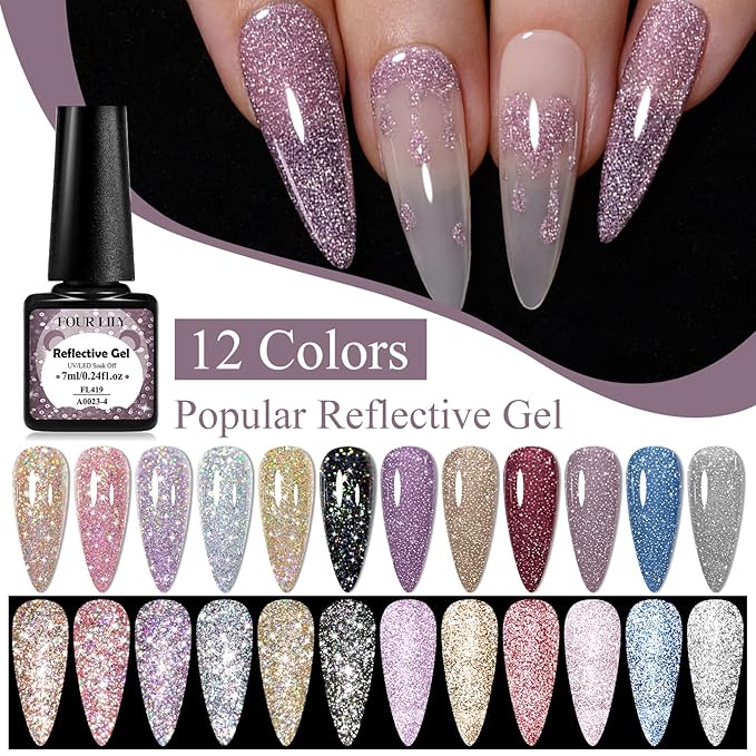 Reflective Glitter Gel Polish 12 Pcs, Flash Dimond Black Gold Silver Nail Polish Sparkly Shiny Nail Art UV LED Curing Need Nail Gel for Manicure DIY and Salon 7ML