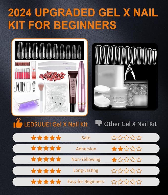 Gel X Nail Kit LEDSUUEI: Ultra-Sturdy 500PCS Long Coffin Gel Nail Kit with Drill 0.5Oz Nail Glue Portable LED Nail Lamp All-in-1 for Beginner Home Salon DIY Manicure Gift