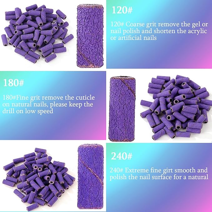100pcs Nail Drill Bits Small Sanding Bands with 3.1mm Mandrel Bit, 240 Extra Fine Grit Nail File Sanding Bands for Acrylic Nails Gel Removing Shaping Manicures and Pedicure (Purple, 240 Grit)