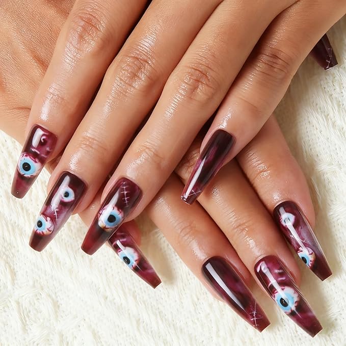 24pcs Halloween Red Eyes Long Square Press On Nails for Terrifying Costumes, Reusable Nail Kit with Adhesive Tabs, 12 Sizes (Red Eye)