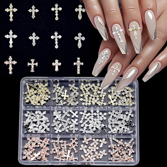 120pcs Cross Nail Art Charms Kit - Gold/Silver/Rose Gold Rhinestones for Press on Nails, Metal Alloy Nail Studs Nail Cross Charms DIY Jewelry, Gothic Nails Design,Acrylic Nails Accessories Supplies