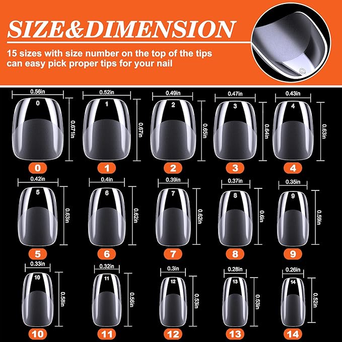 Extra Short Square Nail Tips, 360Pcs Acrylic Soft Gel Nail Tips for Full Cover Nail Extension Home DIY Nail Salon, 15 Sizes