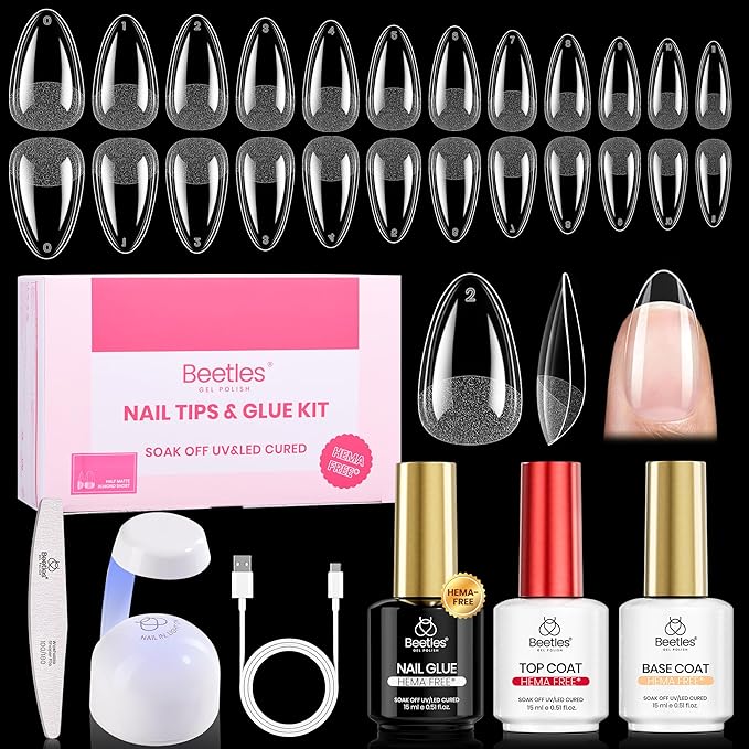 Beetles Gel Nail Kit Etch-X, Almond Short, 288pcs 12 Sizes Nail Tips, 3Pcs 15ml HEMA-Free Nail Glue Top Coat & Base Gel Set, with Mini Lamp, Press On Nail, Long Lasting Extension DIY Set at Home
