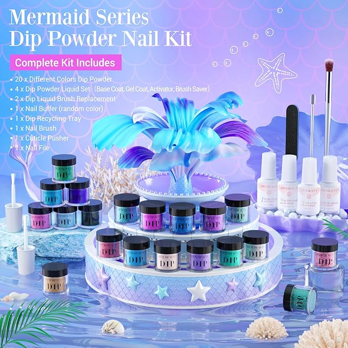 AZUREBEAUTY 31 Pcs Dip Powder Nail Kit Starter 20 Colors Glitter Nude Green Mermaid Serie Dip Powders Liquid Set with Base Top Coat Activator French Nails Art Manicure DIY Salon Christmas Gift