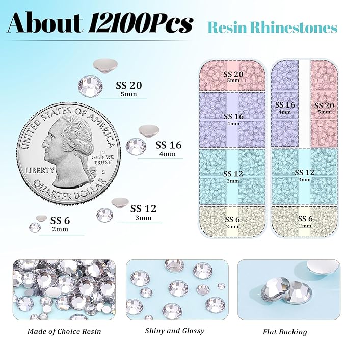 12100Pcs Silver Clear Rhinestones for Crafting with B7000 Jewelry Glue, 2 Boxes Resin Flatback Crystals Diamonds for Bedazzling Crafts DIY Clothing Shoes，Gems for Nail Art Makeup