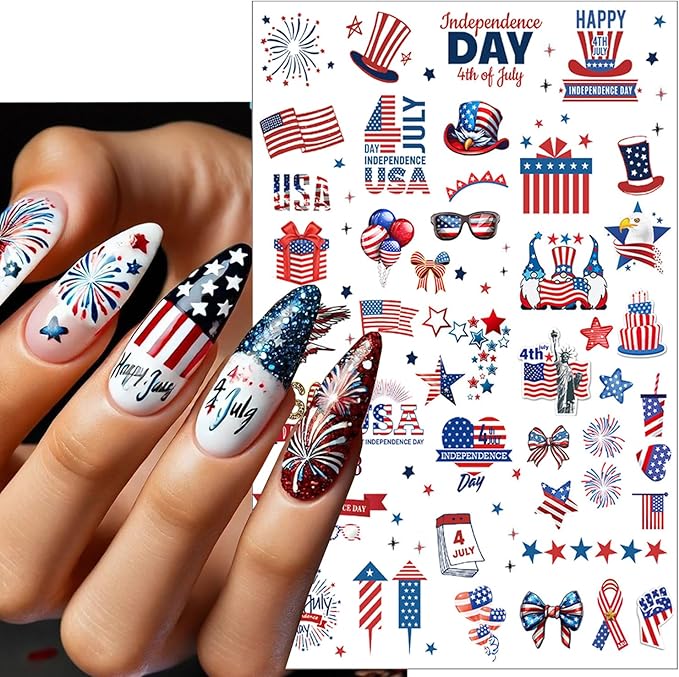 6pcs 4th of July Nail Stickers 3D Nail Decals Independence Day Nail Art Sticker for USA Flags Heart Star Stripe Letters Fireworks Nails Design Adhesive Sticker Patriotic Manicure Decorations for Women