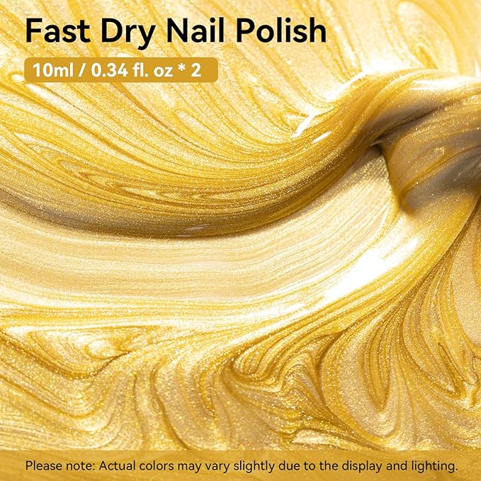 Metallic Gold Nail Polish with Base Top Coat 3 IN 1 Nail Strengthener, Quick Dry Clear & Liquid Golden Nail Polish Duo, Opaque, Non-Gel, Professional Nails Art Kit Home Manicure DIY Gift