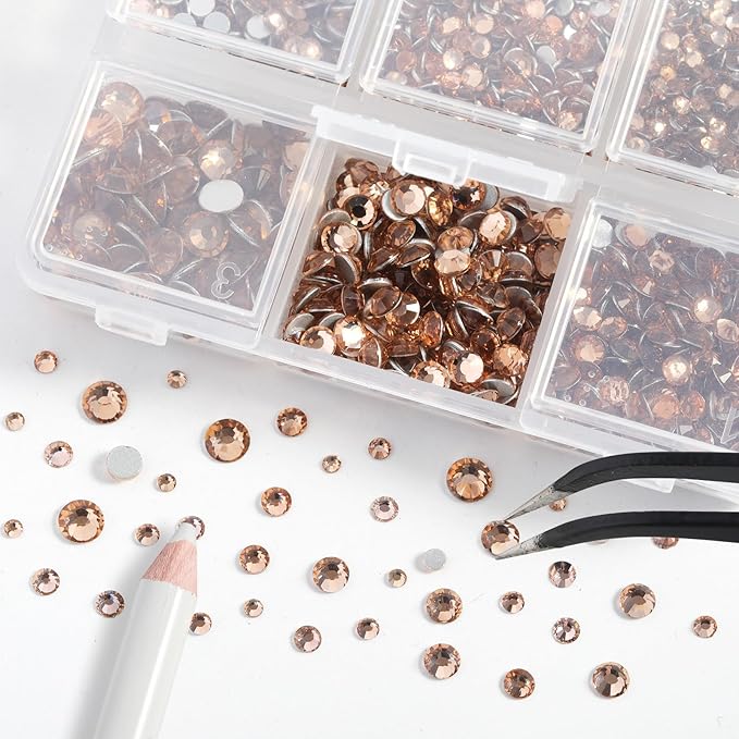 Beadsland 4300pcs Flatback Rhinestones, Champagne Rhinestone Nail Gems Round Crystal Rhinestones for Crafts,Mixed 6 Sizes with Picking Tweezers and Wax Pencil Kit, SS6-SS20, Light Peach