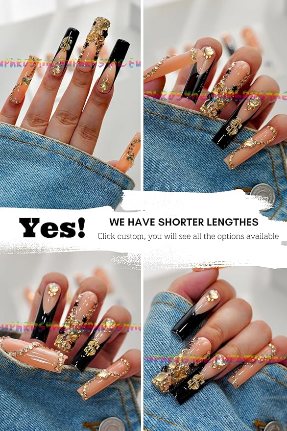 10PCS Black and Orange Press On Nails – Long Coffin Fake Nails with Rhinestones, Gold Stud Strips & Glitter Chains, Glossy Reusable Luxury Nails for Women and Girls – Euphrosyne