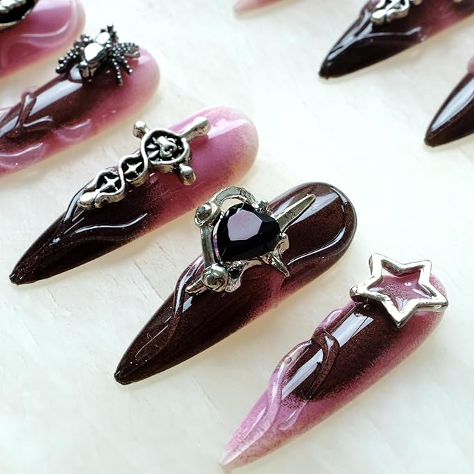 Gothic Press-On Nails, Pink to Black Ombre, Stiletto Shape with 3D Halloween Charms, Handmade False Nail 10 Pieces (Small, LS)