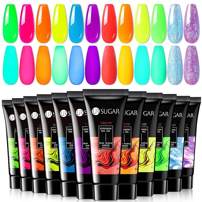 UR SUGAR 12 Colors Neon Glow in The Dark Poly Extension Gel Nail Polish Set, Hot Pink Neon Green Yellow Orange Bright Colors Glow in The Dark Poly Nail Gel Kit Long Lasting Soak Off Gel Polish Gift B