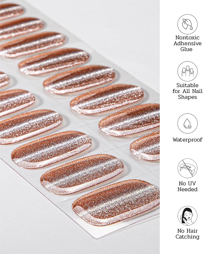 Nail Polish Strips (No UV Lamp Needed) - 22 Pcs Salon Quality Gel Nail Stickers - Long Lasting Wraps (Pink Gold Veil)