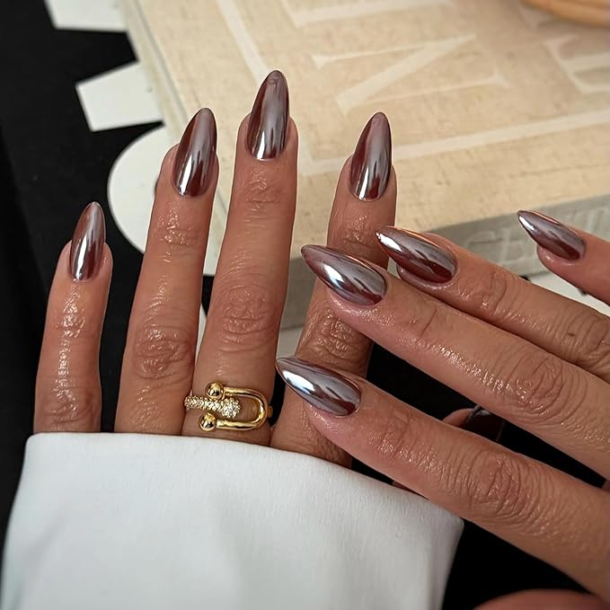 Chrome Press On Nails Almond, Glazed Chocolate Mirrored Glue on Nails Medium Press Ons, Acrylic Natural Fit Stick on Nails in 12 Sizes - 24Pcs Fake Nail Kit for Women Daily & Party Wear