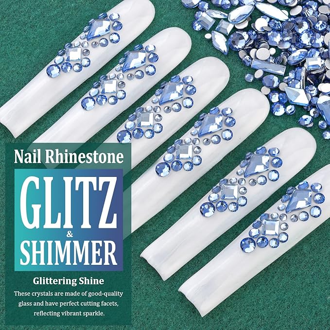 BELLEBOOST Multi Shapes Light Blue 3D Glass Crystal Nail Art Rhinestones Kit with Flatback Round Bead Charm Gem Jewelry Diamond with Nail Art Pens + Tweezer for Manicure Makeup DIY Craft Decoration