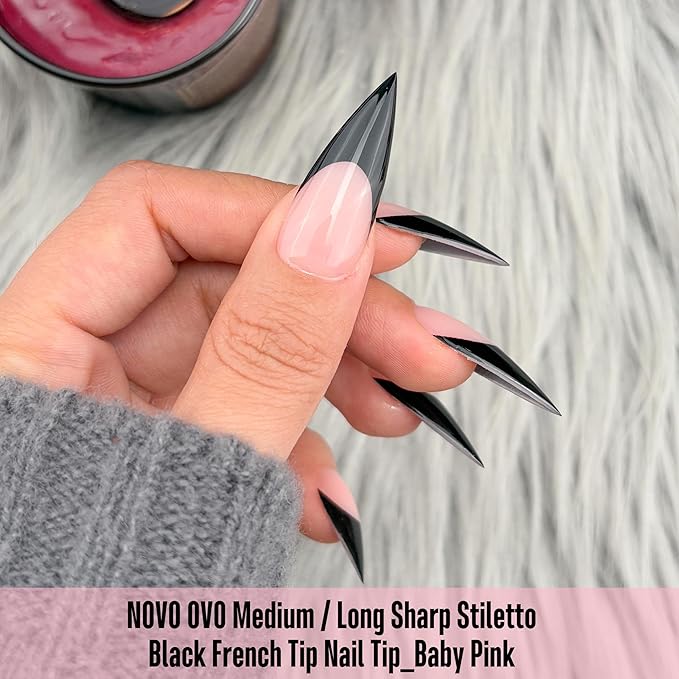 NOVO OVO Black French Tip Sharp Stiletto Pointed Medium Long Nail Tips Press on Baby Pink, Soft Gel Fake Acrylic Extension, Full Cover False Nails for Salon DIY x 16 Sizes 160 pcs