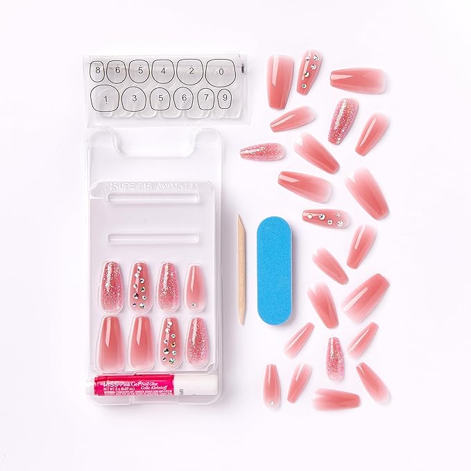 KISS Gel Fantasy Press On Nails, Nail glue included, 'Be Jelly', Pink, Long Size, Coffin Shape, Includes 28 Nails, 2g Glue, 1 Manicure Stick, 1 Mini File, 1 Adhesive Tab