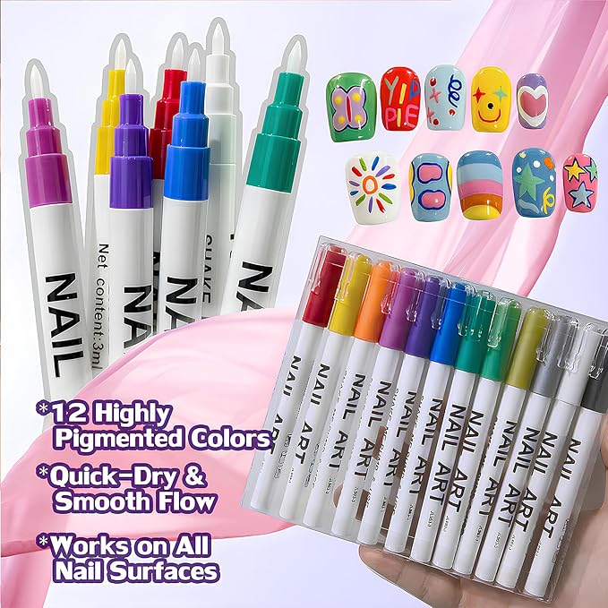 12 Colors Nail Art Pens, Quick Dry Nail Marker Pens Set for DIY Nail Design, Nail Art Markers Nail Tools for Home & Salon Manicure