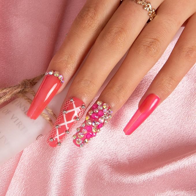 LOVFUL Press on Nails Rose Whispers | Handmade with Full Covered Crystals | Reusable Fake Nails | Coffin Classic Regular 1.3 in | H158-L