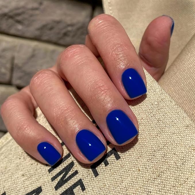 Royal Blue Press on Nails Short Square, Natural Gel Glue on Acrylic, 48Pcs Thick Reusable Fake Nails for Women, Short Coffin Artificial New Solid Color Square