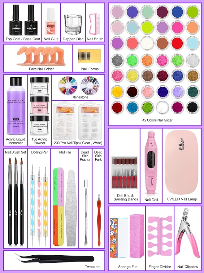 Professional Acrylic Nail Kit for Beginners - 42 Colors Glitter Powder, Liquid, UV Light, Drill, Practice Finger Nail Bag Organizer Case