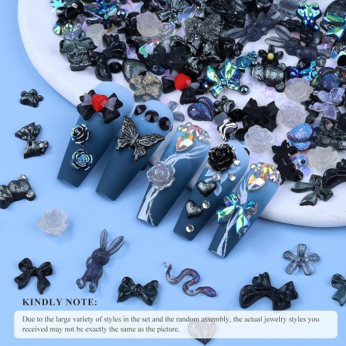 100 Pieces 3D Resin Butterfly Bear Nail Charms Rose Flower Peach Skirt Bow Deer Snake Rabbit Animal Shaped Nail Art Rhinestones Pearls for DIY Nail Art Decoration Making Craft (Black)