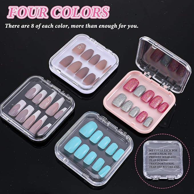 32 Pcs Press on Nail Boxes with 60pcs Double Sided Adhesive Tape, 4 Colors Press on Nail Packaging Boxes, Acrylic Press on Nail Storage Box, Nail Display Box, For Nail Business, Nail Art, Nail Salon