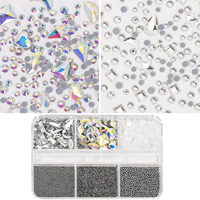 3D Nail Art Charms - Black Mineral Caviar Beads & Rhinestones Mix Size Multishape AB Pearls for Acrylic Nails DIY Craft Decoration