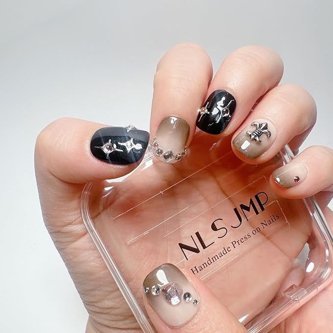 3D handmade Gel nails press on false nails short round black rhinestone bling pearl cute acrylic Reusable fake nails designed kit,10 Nails Size S #960