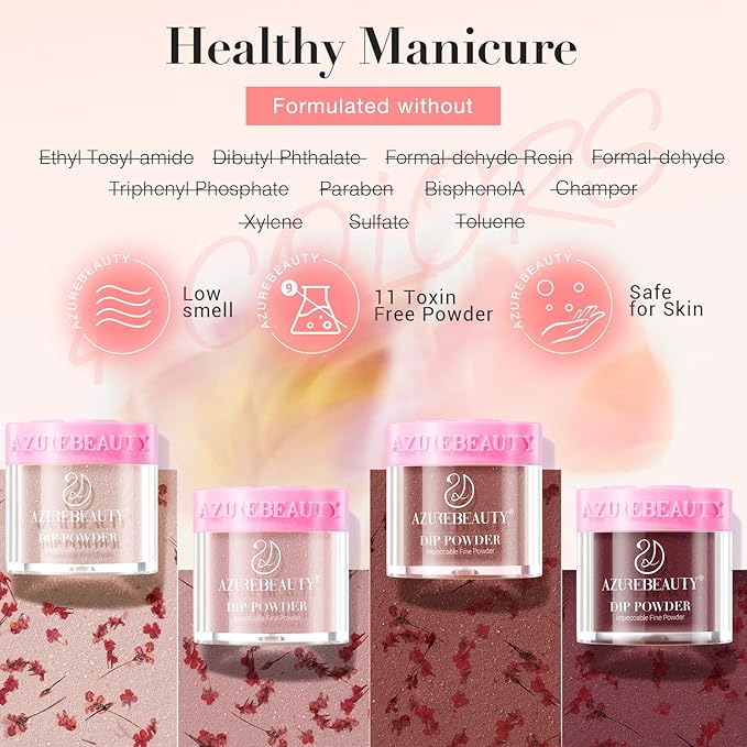 AZUREBEAUTY Dip Powder Nail Kit, 4 Colors Jelly Transparent with Dried Flower Set, Nude Brown Natural Dipping Powder Starter Liquid Set Recycling Tray with Base & Top Coat Activator