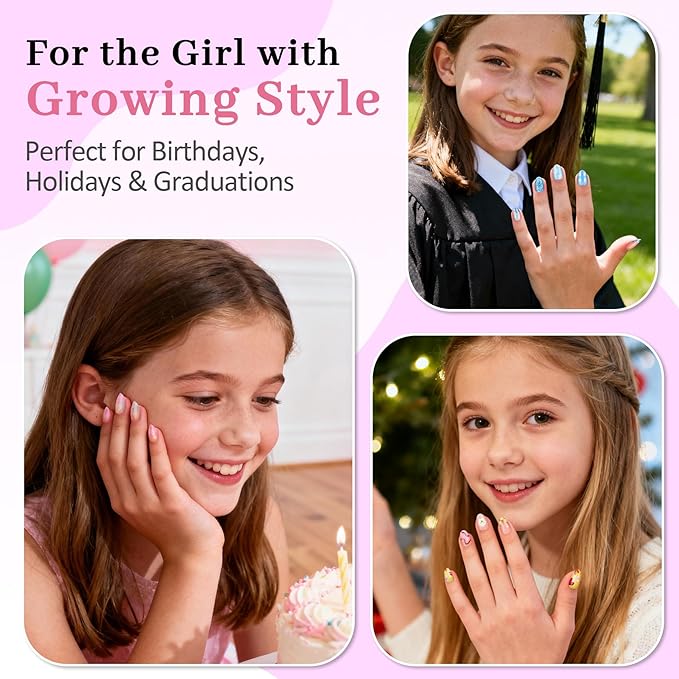 16 Sizes 128 Pieces Press on Nails for Kids, 4 pack Kids Nail Kit Colorful Flower Almond Fake Nail Tips for Girls 8-12 Years Old with Jelly Nail Adhesives & Nail Glue Birthday Gifts Easter