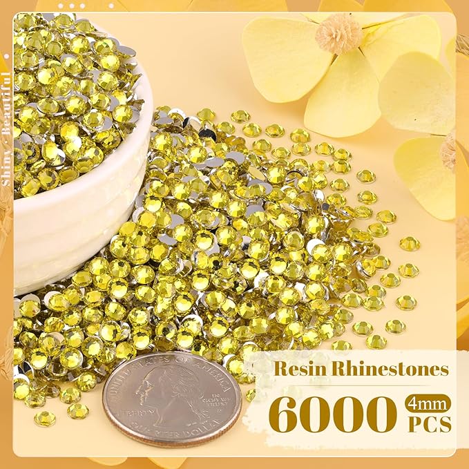 6000PCS 4mm Resin Rhinestones Bulk for Crafting (Lemon Yellow), Flatback Bedazzling Crystals for Crafts DIY Nail Decoration, Gems Charms for Tumbler Shoes Clothing Fabric with Pickup Pen and Tweezers