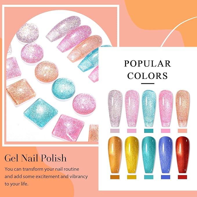12Pcs Reflective Glitter Gel Nail Polish + Metallic Gel Nail Polish Set Gel Nail Art Manicure Kit 10 Colors