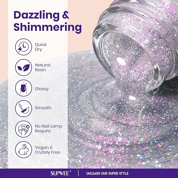 Glitter Holographic Nail Polish Quick Dry High Glossy Shiny Shimmer Nail Polish Oil-based Holo Fingernail and Toenail Air Dry Fast Beauty Art Manicure Gift For Women Girls 16ml, 0.54fl oz