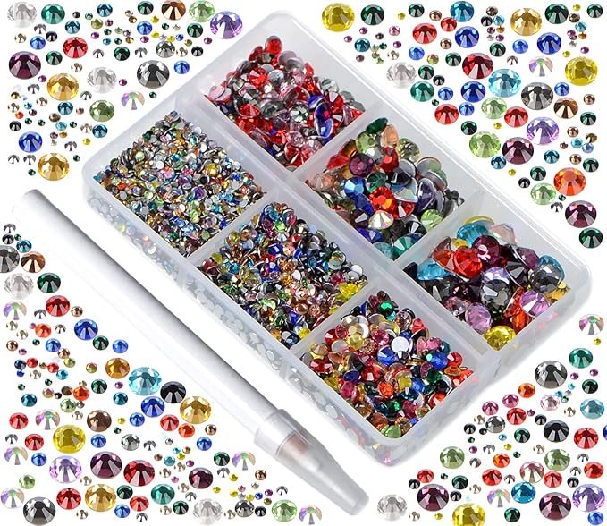 Bymitel 5000 Pieces 6 Mixed Sizes Glue Fix on Glass Rhinestones Round Crystal Gems Flatback for DIY Jewelry Making with one Picking Pen(Mix: SS4-SS30/5000PCS, Mixed Colors)