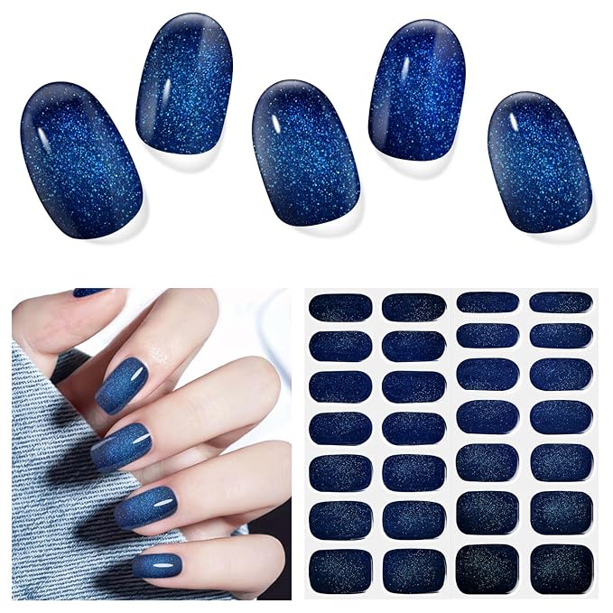 Semi Cured Gel Nail Strips, 28 pcs Gel Nail Stickers Work with Any UV Lights, Long-Lasting Nail Wraps, Stick on Nails for women Easy to Apply & Remove