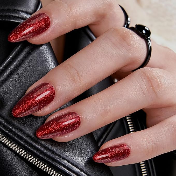 Red Press on Nails,Handmade Series Medium Almond nails Glitter False Nail Shape Galaxy False Nail Set Stick Gel Nail Kit Reusable Full Set of 24pcs