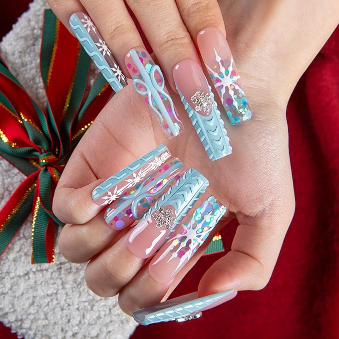 LOVFUL Press on Nails Winter Cozy| Handmade Acrylic Press ons| Reusable Fake False Nails| Square Mid length 1.7in| H677-L