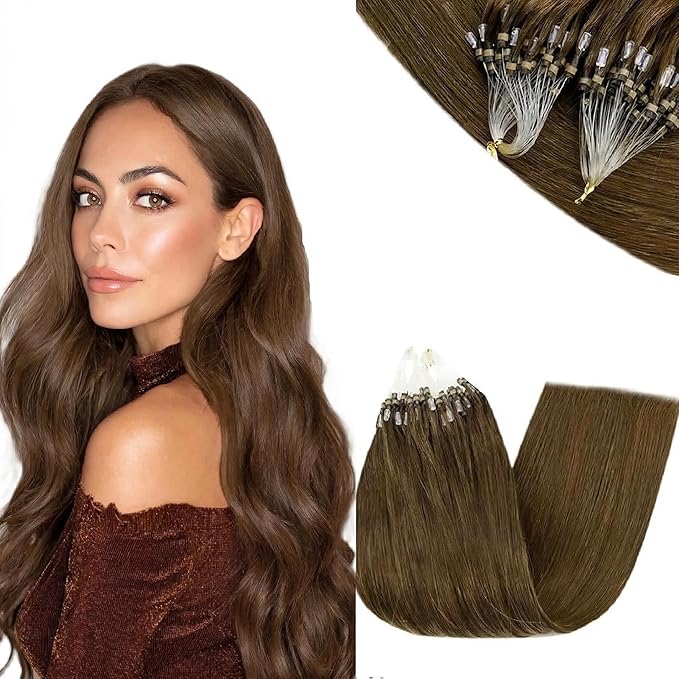 RUNATURE Brown Microlink Hair Extensions Human Hair Dark Brown Micro Ring Hair Extensions Brown Micro Loop Human Hair Extensions Micro Beads Human Hair Extensions 16 Inch 50g 50 Strands