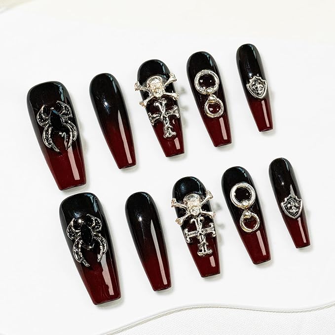 Sun&Beam Nails Handmade Press-on Long Coffin Ballerina Black Grey Ombre Halloween Design Fashion False Nail Tips 10 Pcs Set (#275 L)